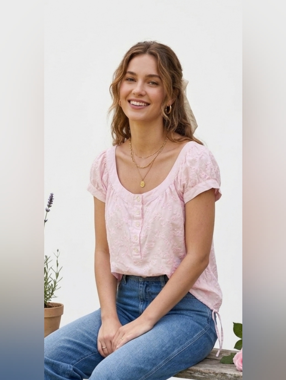 Pink Floral Eyelet Blouse Cottagecore Peasant Top Puff Sleeve Summer Grandmacore